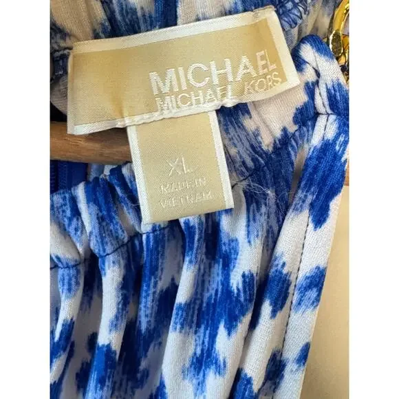 MICHAEL Michael Kors Royal Blue Halter Dress White Print Gold Chain DetaiL XL - Picture 3 of 5